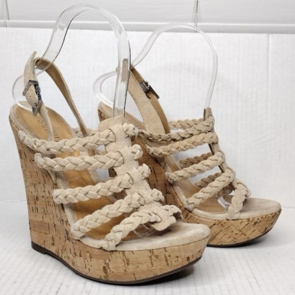 SCHUTZ Beige Braided Straps Boho Resort Cork Wedge Sandals - Picture 3 of 16
